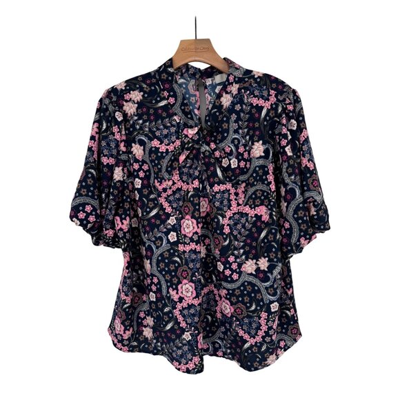 LOFT Bloom Twist Bubble Sleeve Blouse Short Sleeves size XL womens floral - Picture 6 of 11